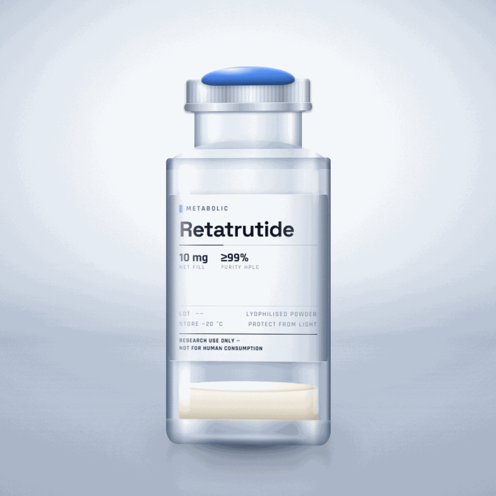 Retatrutide — lyophilised research compound vial, ≥99% purity, for laboratory research use only
